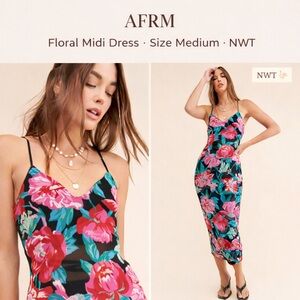 AFRM Vintage Summer Flora Mesh Midi Dress NWT Size M Sheer Floral Bodycon